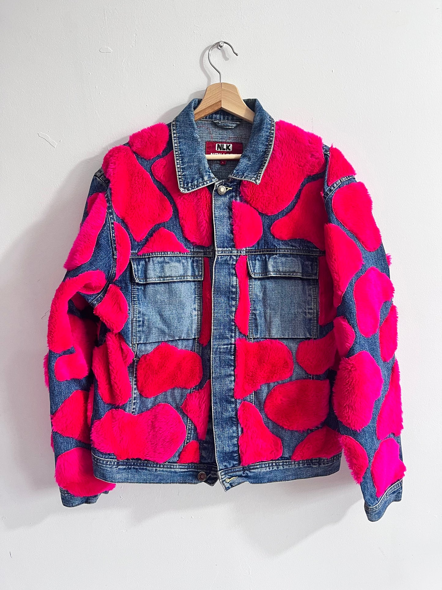 Denim Jacket with Pink, Fluffy and Plush Spots